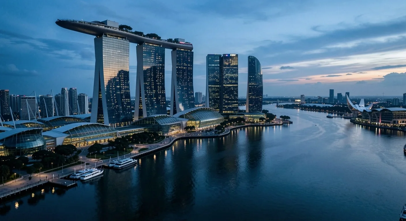 Singapore Marina Bay Financial Centre at dusk